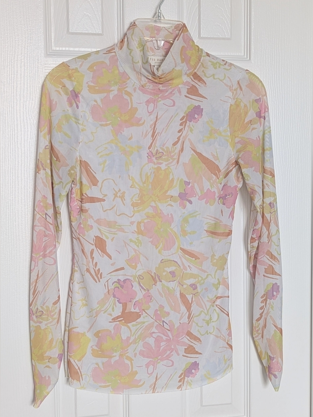 Ted Baker (Size 2) Danuta Dobby Sheer Mesh Pastel Floral Feminine Mockneck Top